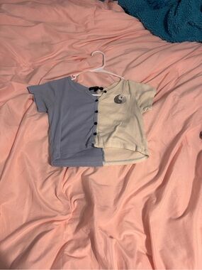 Two-Tone Blue & Cream Yin Yang Button-Front Tee